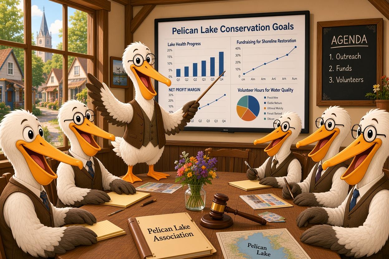 AI created image of cartoon pelicans at a white board during a BOD meeting